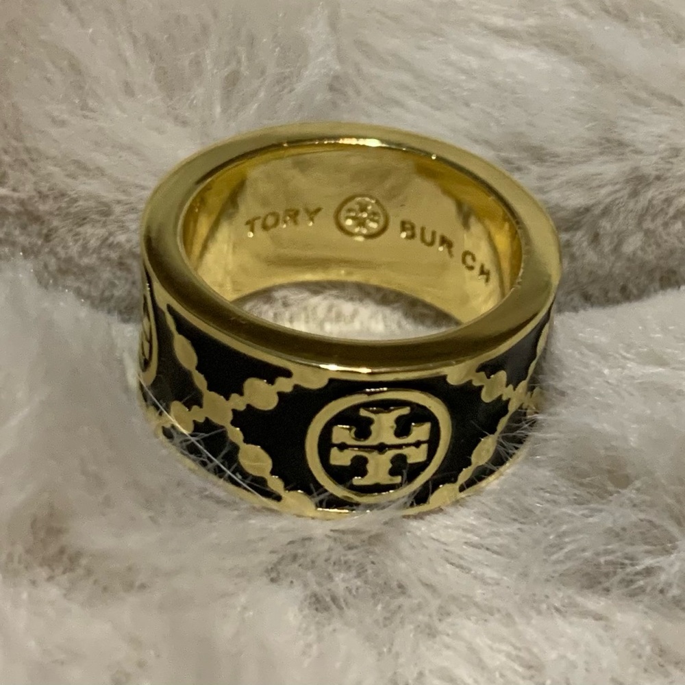 Tory Burch Icon double T monogram ring Black and Gold size 8